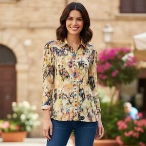 Ali Miles Multicolor Button Down Shirt Abstract Print Women's Top Medium Crinkle